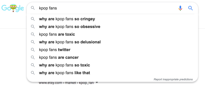 Screen capture of Google search for k-pop fan